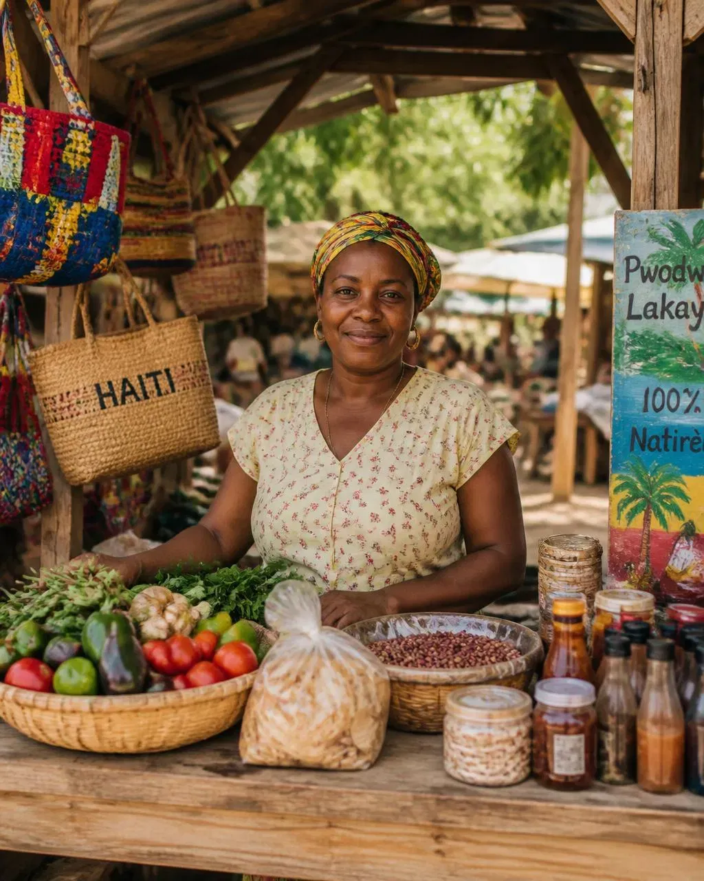 Haitian market vendor surrounded by fresh produce and local goods